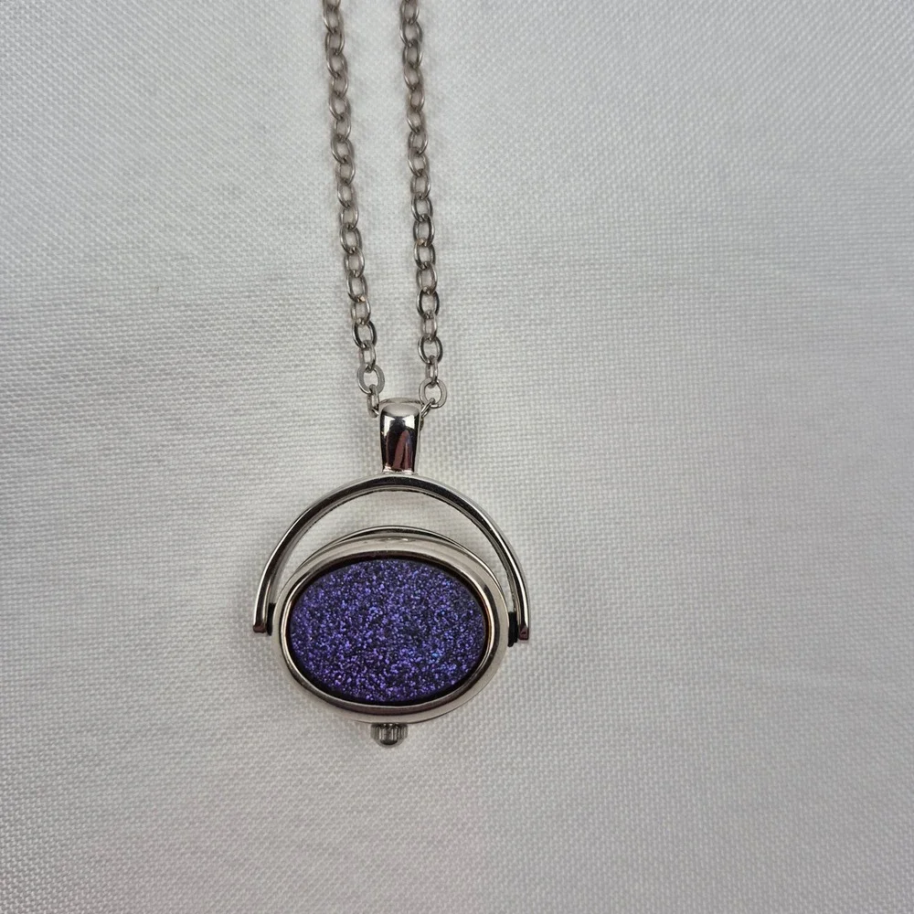 Vtg‎ Rotating Pendant Necklace Purple Druzy Glitter Watch Face Silver Tone 29